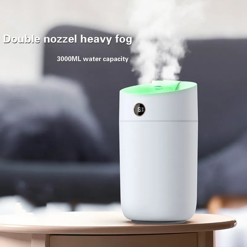 

3L Mute Humidifier Desktop Dual Spray Ultrasonic Humidifier With LED Light Sensor Humidity Monitor Dry-Burn Protection Aroma