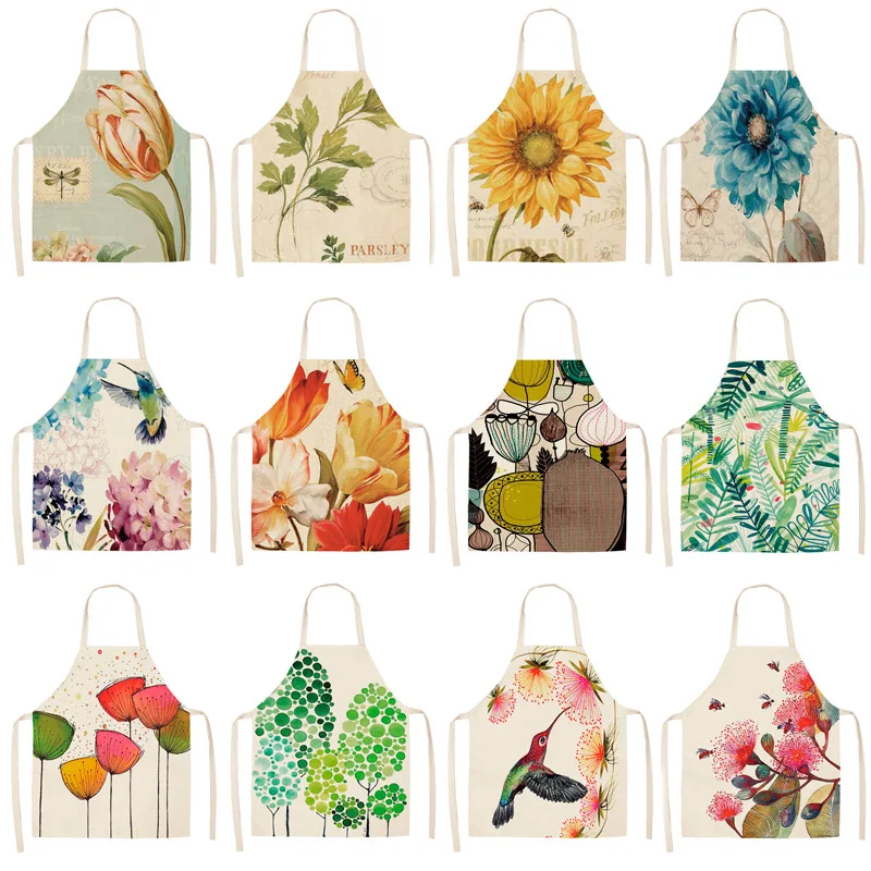 Parent-child Kitchen Apron Fashion Flower Bird Bee Print Sleeveless Cotton Linen Aprons for Kids Men Women Home Cleaning Tools