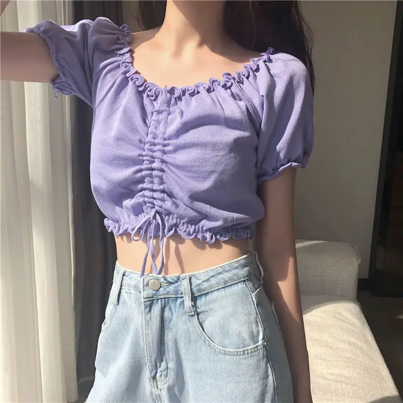 Woman TShirts Short T-shirt for Women Summer Drawstring Ruffle off