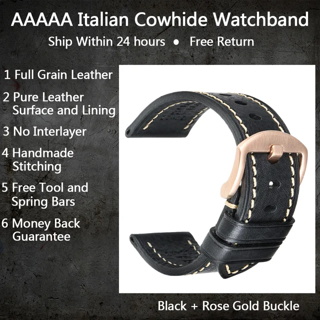 MAIKES Handmade Watch Band Genuine Cow Leather Watch Strap With Butterfly Buckle Bracelet For MONTBLANC Tudor Watchbands Black RG Buckle