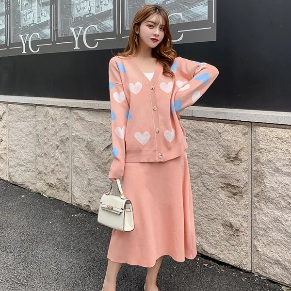 Autumn Winter Women Elegant Love Heart Knitted Cardigan Sweater+High Waist A-Line Skirt 2 Piece Set Loose Knitted Midi Dress Set - Цвет: Оранжевый