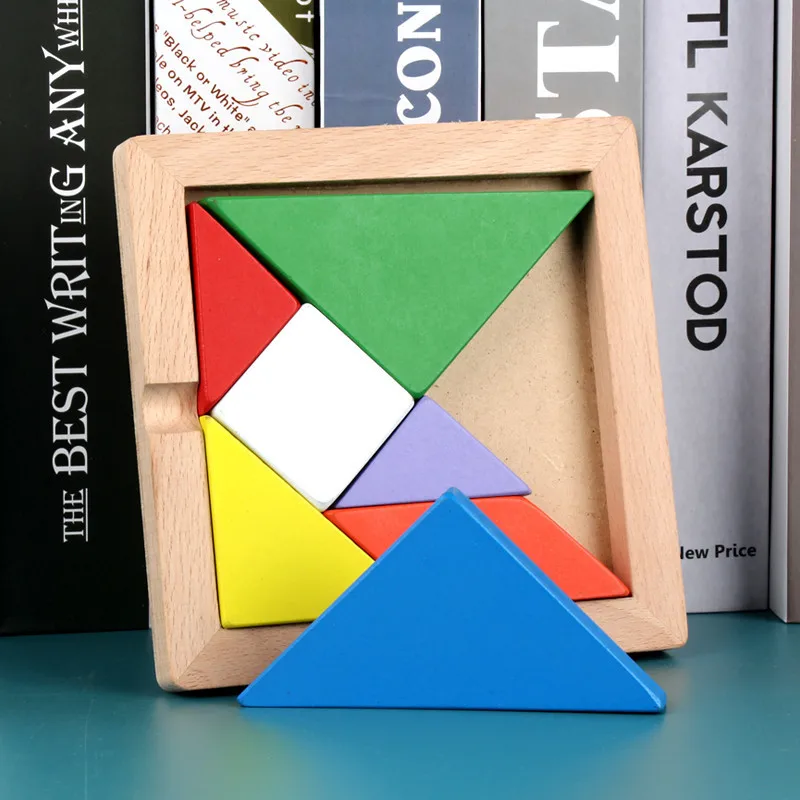 High quality 14x14x1.3CM large wooden beech thickened tangram children's educational early childhood puzzle toy