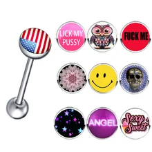  10pcs 316l Surgical Steel With Epoxy Logo Dome Top Bad Dirty Word Logo Tongue Barbell Stud Piercing Rings Body Jewelry 