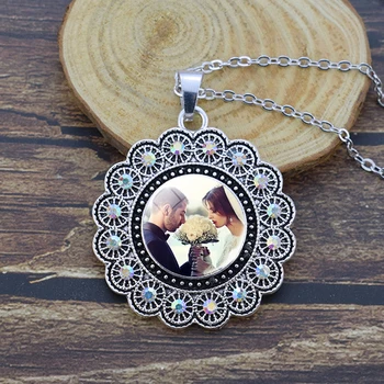 

Custom Your Photo Logo Text Necklace Rhinestone Flower Shape Pendant Customized Jewelry for Men Women Personalized Gifts