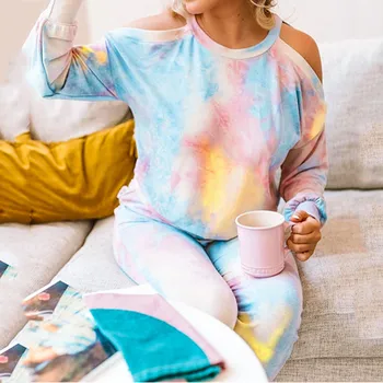 

Women Autumn Lounge Wear Sets Women's O-Neck Two Piece Suits Long Sleeve Casual Solid Color Tie-Dye Suit женские костюмы