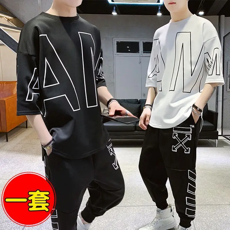 

2019 Summer MEN'S Short Sleeve Shirt Set New Style Trend T-shirt Half-sleeve Shirt INS Crew Neck Hip Hop Two-Piece Set Popular B