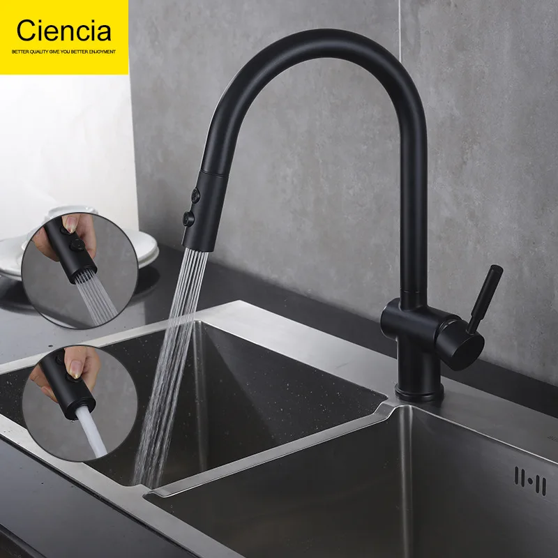 

Black And White with Pattern Double Feature Stretchable Leading Pull-out Cold Kitchen Faucet Sink Washing Basin Tap