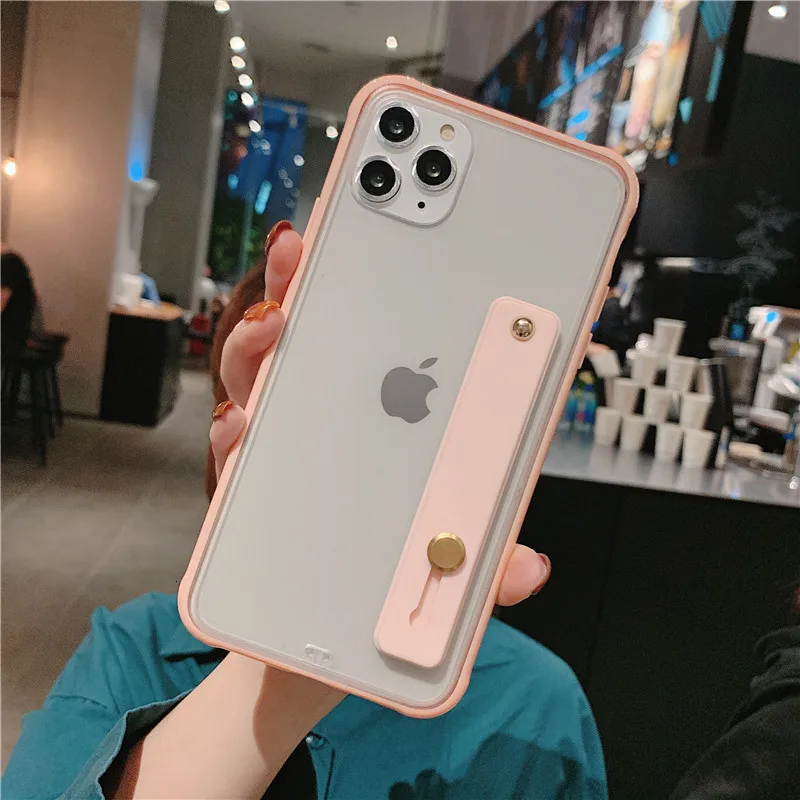 Ремешок на запястье, чехол для телефона для iPhone 11 Pro Max XR XS X 7 8 6 6s Plus, Жесткий Тонкий прозрачный чехол, карамельный цвет - Цвет: pink