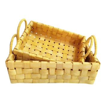

2 Pcs/Set Handmade Storage Basket Woven Rectangular Basket Handle Wooden Primary Color Large Capacity Storage Basket