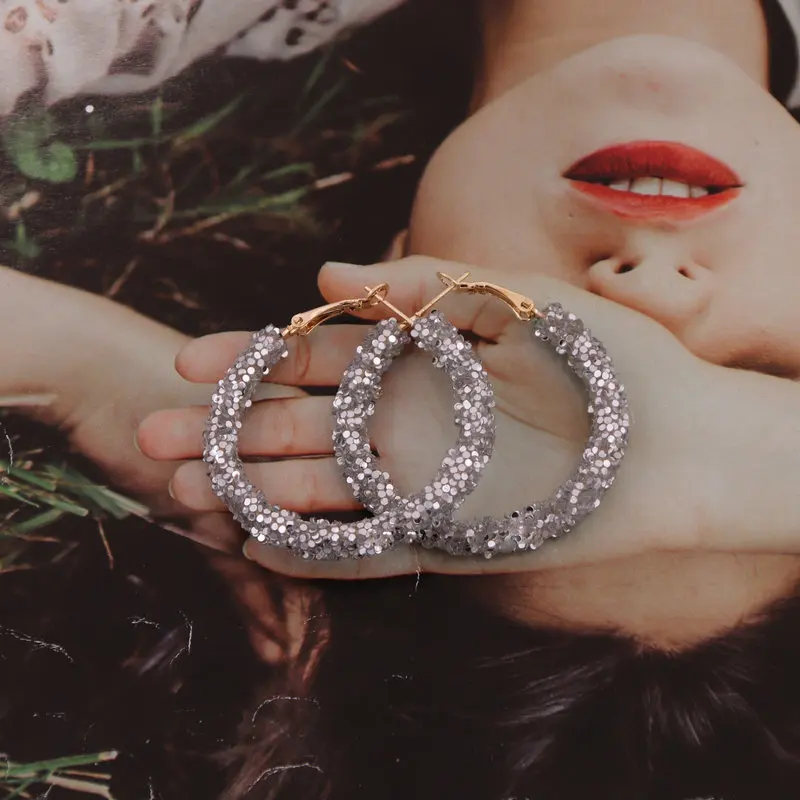Oorbellen Новинка, кольца, серьги из смолы для женщин, серьги-кольца, модные ювелирные изделия с блестками, подарок - Окраска металла: White