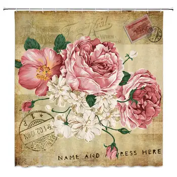 

Retro Flower Shower Curtain Pink Rose Vintage Old Look Plant Envelope Art Bathroom Curtains Polyester Fabric Waterproof Include