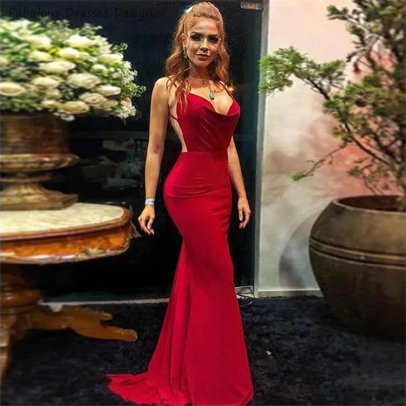 

Red Spaghetti Strap Mermaid Prom Dresses Long 2020 Sexy Backless Vestido De Festa Sweep Train Evening Dress Party For Women