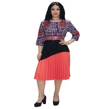 

Elegant Pleated Dress Women African Clothes Dot Print Patchwork O-Neck Knee Length Mini Dress Offlce Lady Party