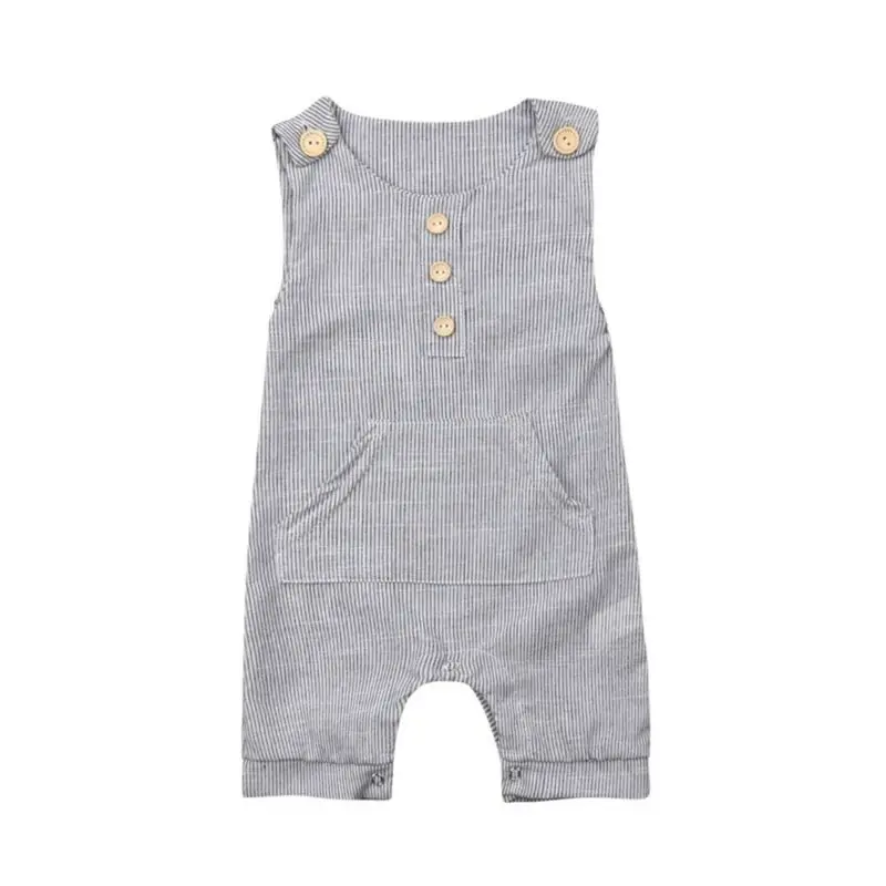 

0-18M Newborn Baby Boy Striped Romper One-pieces Jumpsuit Buttons Cotton Linen Playsuit Sleeveless Infant Boys Clothes Outfits