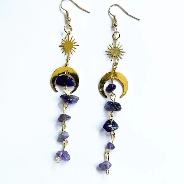 Quartz earrings,moon crystal earrings,moonstone earrings,sun and moon earrings,raw crystal earrings,clear Quartz,witchy earrings purple Quartz