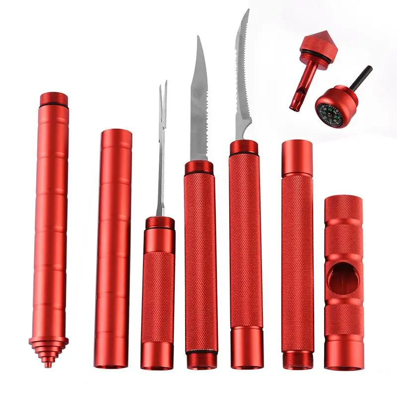 

popular 7 in 1 multi-functional outdoor tools stainless sword knife saw Walking Sticks compass fork whistle bottle opener sickle