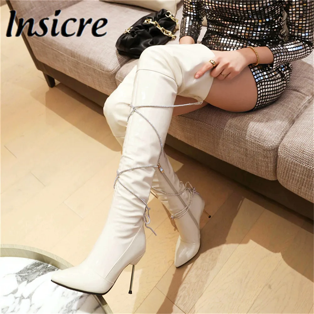 

Insicre Sexy Top Quality Leather Women Over The Knee Boots Thin Heels Pointed Toe Crystal Cross Tied Fetish Party Wedding Shoes