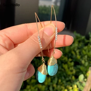 

SAY HELLO Boho Turquoises Rhinestone Inlaid Dangle Earrings Smooth Metal Winding Wrapped Stone Hook Dangle Earrings Women G0228