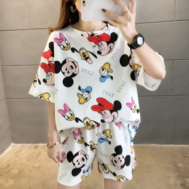 

2020 Cotton Round Neck Cartoon Pajamas Set Summer Short Sleeve Sleepwear Lovely Mickey Leisure Clothes Nightwear