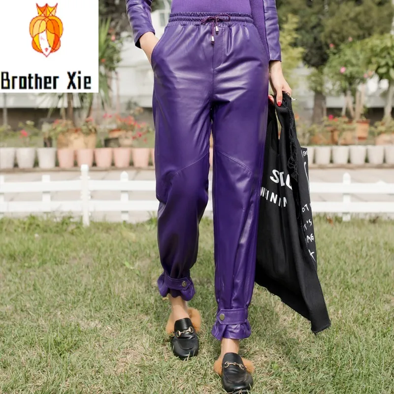

Casual Loose Fit Genuine Leather Sheepskin Womens Harem Pants Autumn Winter New Drawstring Waist Streetwear Ankle Length Pants
