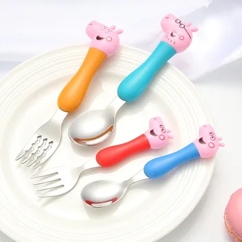 

4pcs Peppa Pig Kids Tableware Boxed Spoon Cross Fork Soup Spoon Set Dining Lunch George Action Figures Toys for Children Gifts