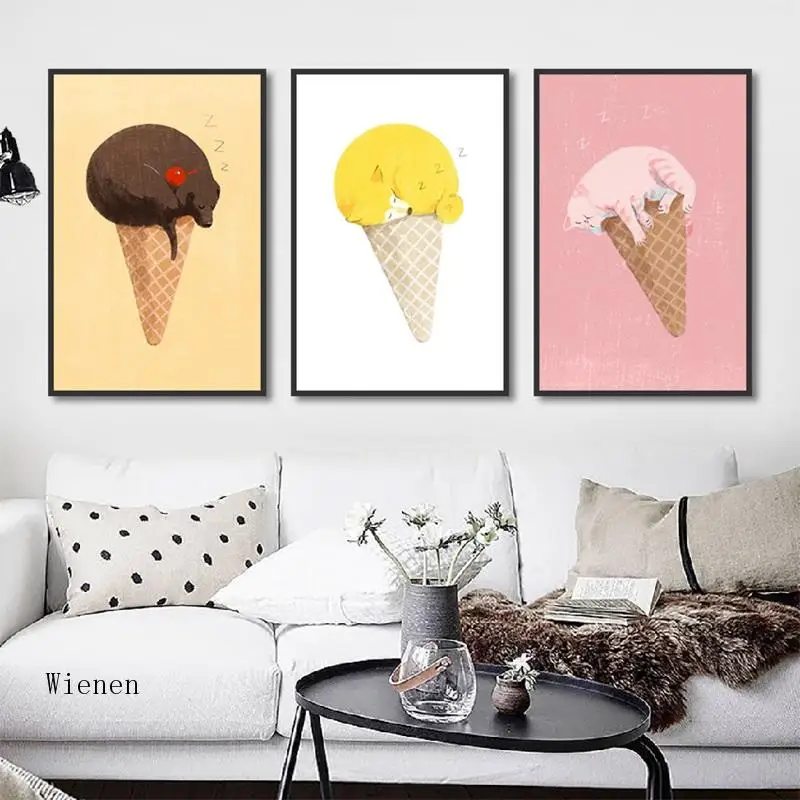 

Creative Ice Cream Canvas Poster Sleeping Cartoon Style Canvas Painting Modular Picture Dessert Shop Decoration Wall Art Print
