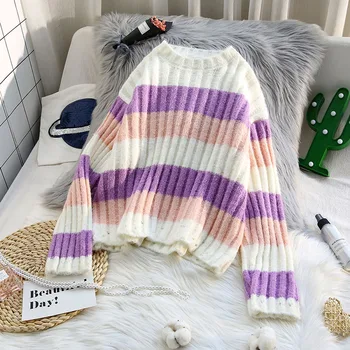 

knitted loose thin women sweater and pullovers 2020 winter new striped short high waist long-sleeved casual female pulls tops