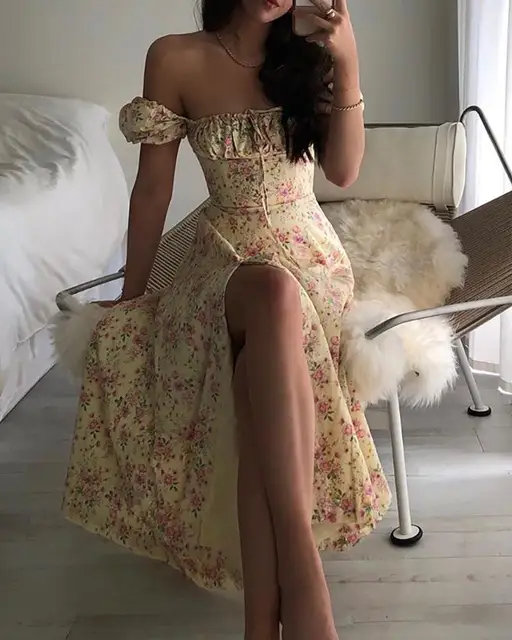 floral print ruched high slit maxi dress