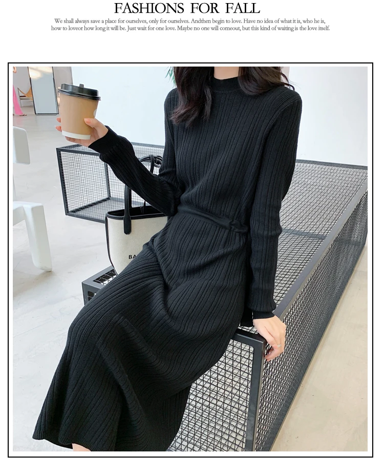 Korean Autumn Knitted Dress Women Sweater Dress Elegant Woman High Waist Bottom Sweaters Dresses Woman Stretch Sweaters Dresses