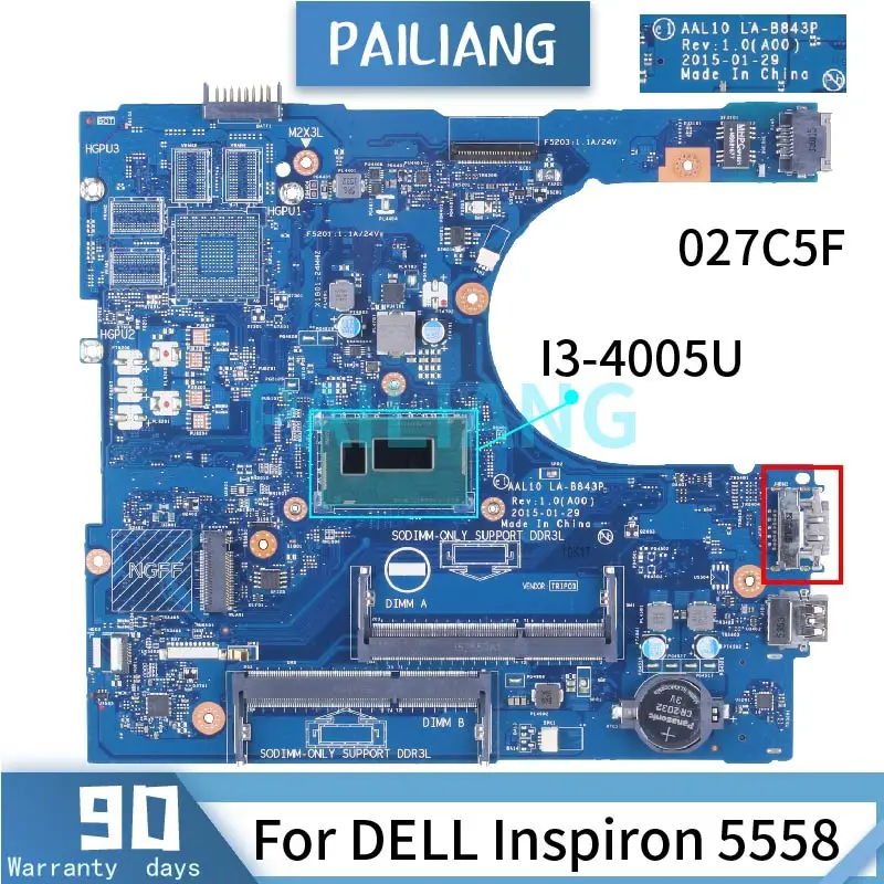 para Dell Inspiron 5458 5558 5758 Placa-mãe Portátil Aal10 I34005u Cn027c5f 027c5f 27c5f Ddr3 Notebook Mainboard Hdmi La-b843p