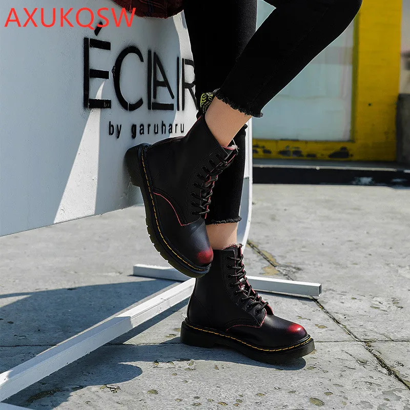 Winter Genuine Leather Women's Boots Love Black Casual Ankle Boots Girls Fashion Boots Zipper Motorcycle Boots Dance Shoes