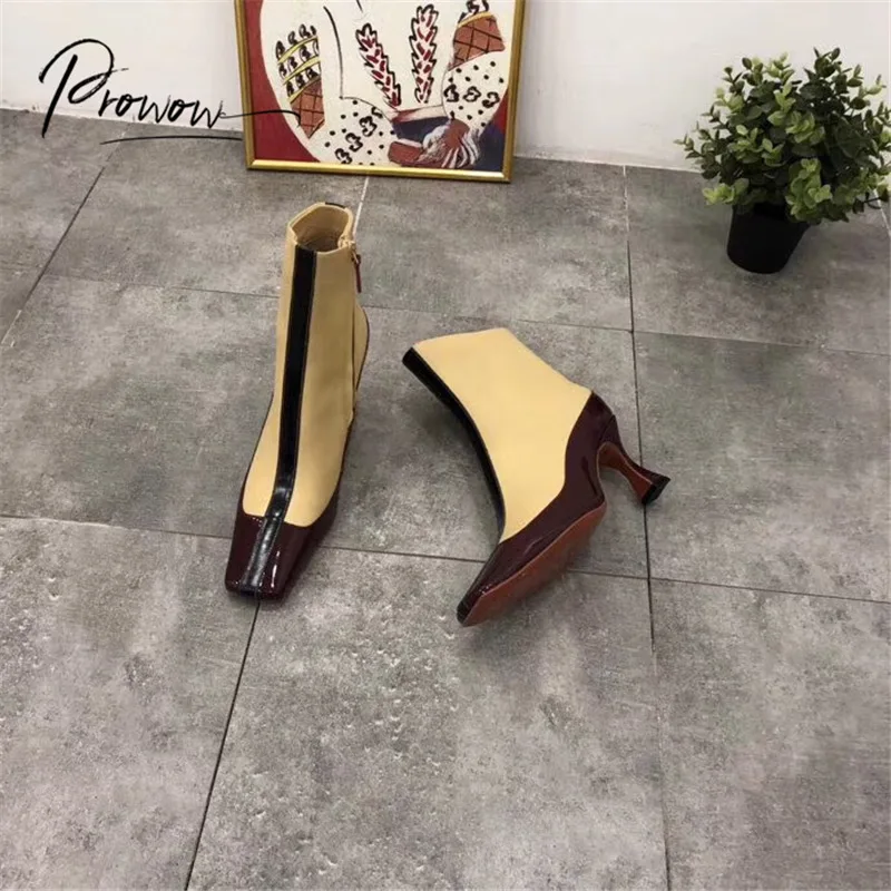 

Prowow New Genuine Leather Black Gladiator Side Zip Women Boots Square Toe Thin High Heel Autumn Winter Boots Shoes Women