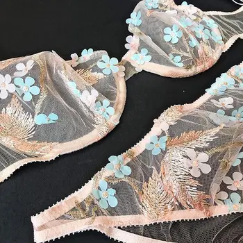 

Women Flower Embroidery Lace Sexy Lingerie Elegant Ladies See-through Exotic Push Up Bras Female Thong G String Set Pajamas Set