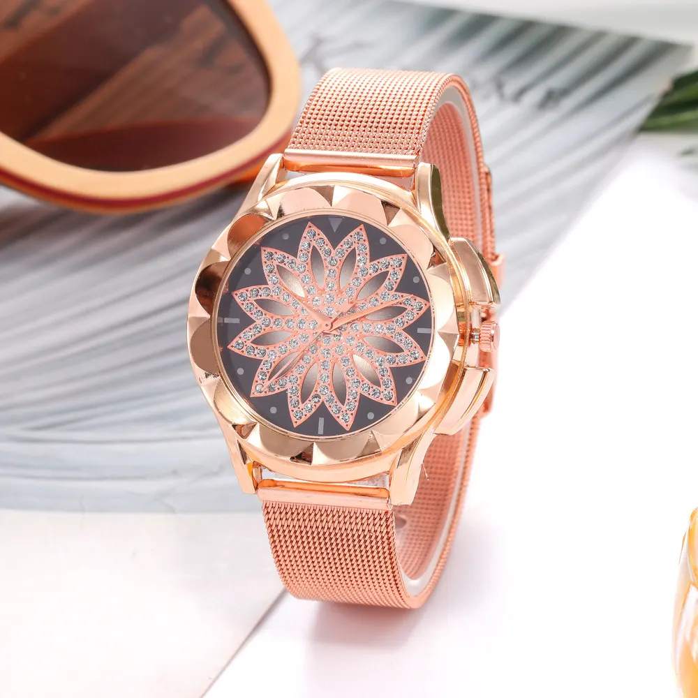Reloj mujer женские часы лучший бренд женские часы цветок из розового золота горный хрусталь femme женские наручные часы relogio feminino - Цвет: rose gold steel