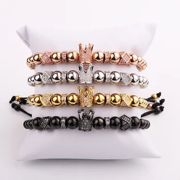 Jaravvi Micro CZ Pave Crown Charm Handmade Stainless Steel Braided Macrame Friendship Bracelet Men Women Jewelry Gift