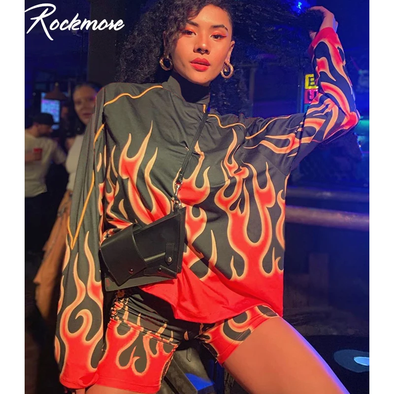 Rockmore пламя огонь печати Длинный свитшот женские толстовки готика, Харадзюку толстовки размера плюс женские толстовки с капюшоном