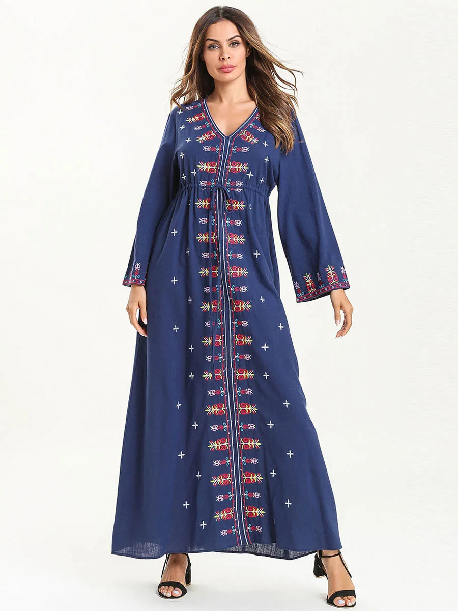 BNSQ Arabian длинное платье синий алмаз вышитые эластичный пояс Макси рукав вечерние Большие размеры офисная скромная одежда Твердые молитвы