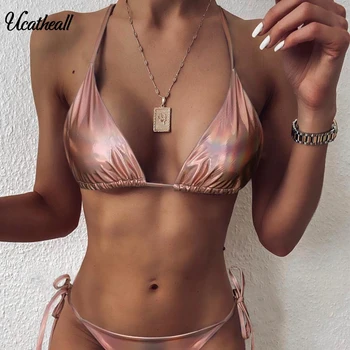 

Metallic Color Push Up Bikini New Arrival Transparent Straps Bright Leather Sexy Swimsuit Female Swimwear Women Biquini