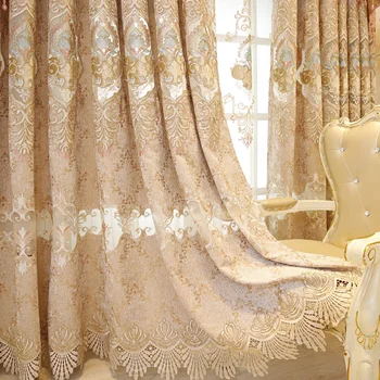 

Gold Embroidered Curtain Panel for Living Room Custom Luxury Royal Chenille Cloth Window Shading wp232c