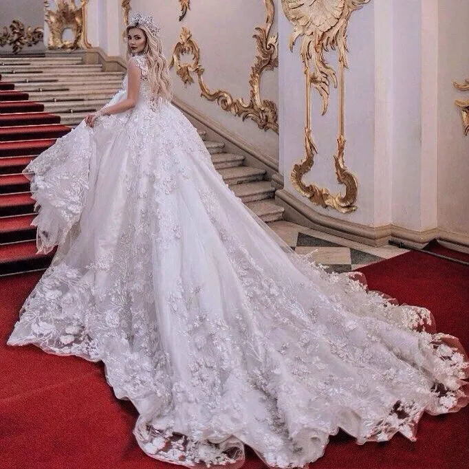 Gorgeous-Saudi-Arabia-Vestido-De-Noiva-3D-Flower-Lace-Ball-Gowns-wedding-dresses-Casamento-Royal-Train