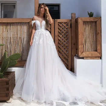 

Eightale Boho Wedding Dress O-Neck A-Line Off the Shoulder Tulle Bohemian Wedding Gowns Backless Vintage vestido de noiva 2020