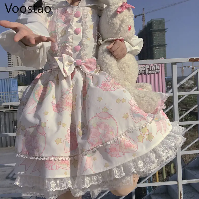 Lolita Dress Japanese Sweet Kawaii Jsk Lolita Dress Women Vintage Victorian Gothic Cartoon Sleeveless Bow Lace Princess Tea Party Dresses