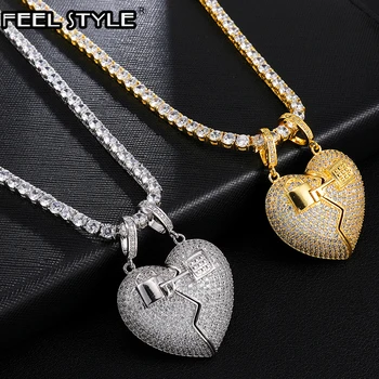 

Bling Iced Out Micro Paved CZ Separable Broken Heart With Key Necklaces & Pendants For Men Hip Hop Rapper Jewelry