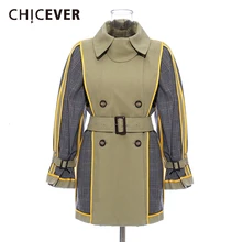 CHICEVER Patchwork Hit Color Women's Trench Coat Lapel Collar Long Sleeve High Waist With Sashes Female Windbreaker New