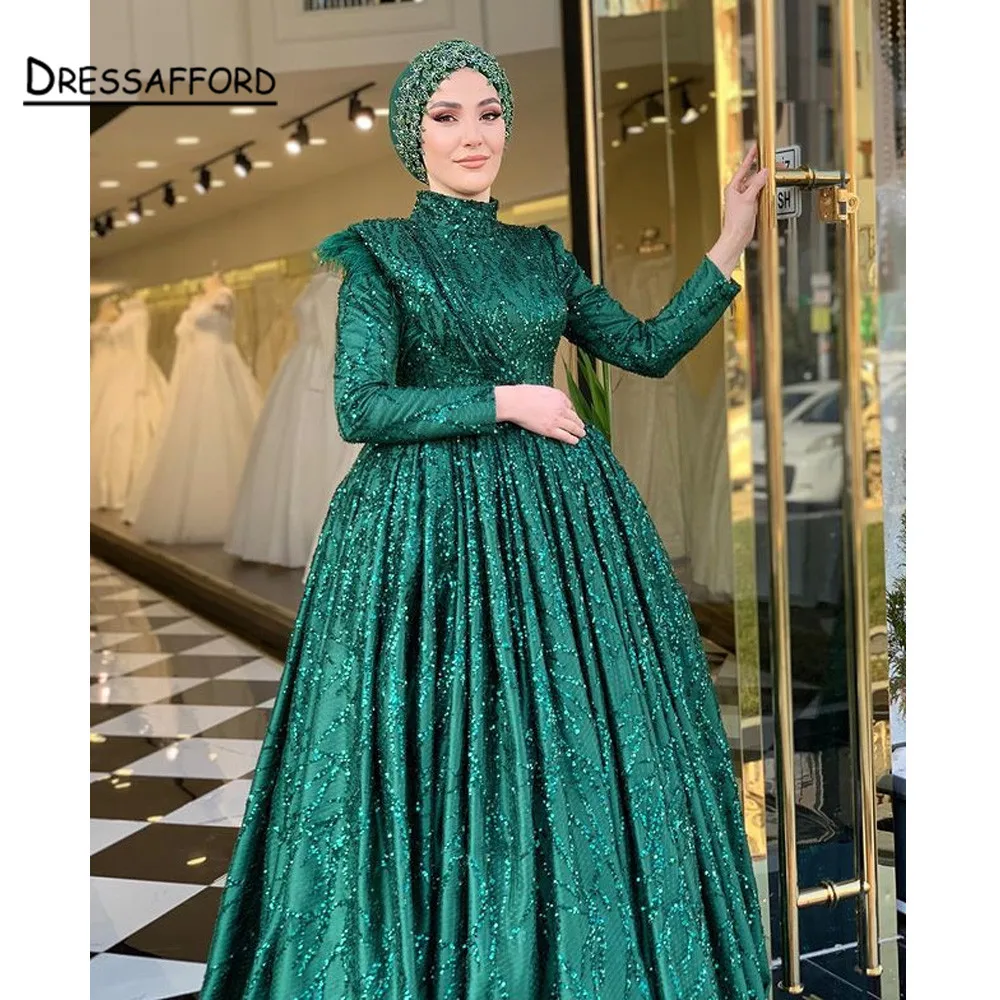 

Arabic Green Lace Muslim Evening Dresses Long Sleeve 2022 Luxury Dubai Formal Dress for Women Wedding Party Gown