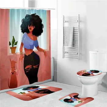 

Black Art Afro Mom and Daughter Bathroom Curtains African American Women Shower Curtain Toilet Cover Mat Non-Slip Bath Rug Set