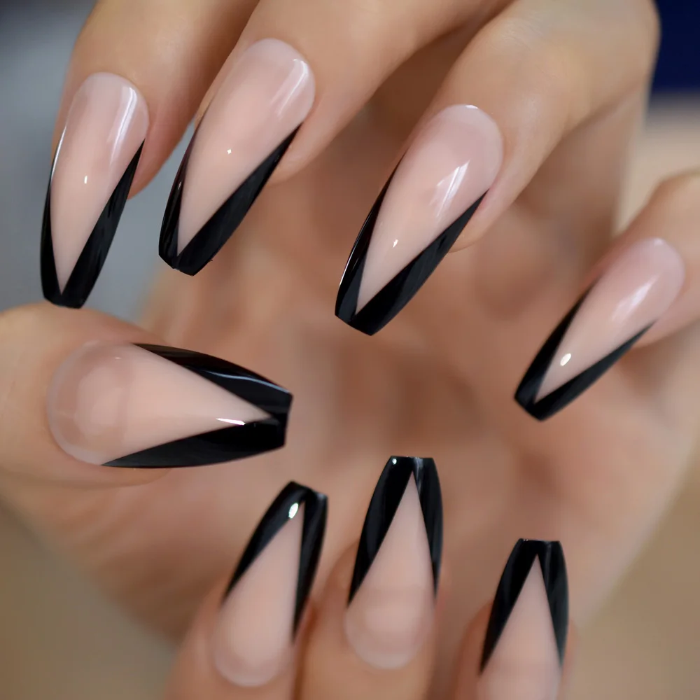 Ballerina False Nails Nude Large V Shape Extra Long Coffin French Nail Art Tips Predesigned Black Glossy Manicure Tips 24 False Nails Aliexpress