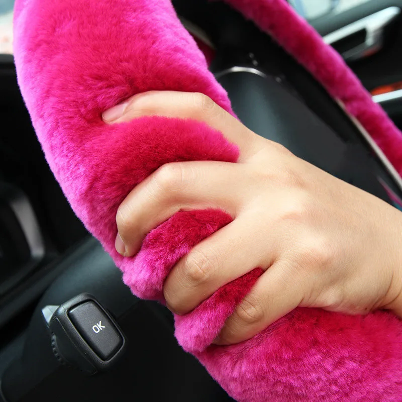 

Winter Wool Car Steering Wheel Cover Long Australian Wool Heated Fur Steering Wheel Cover Handbrake Gear Shifter Cover
