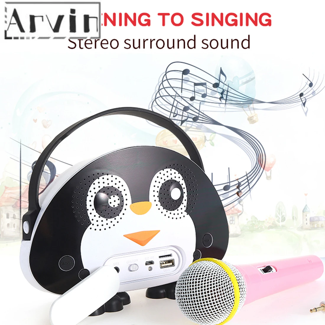 Children Portable Bluetooth Speaker Wireless Soundbar Karaoke Machine With Microphone Interactive Toy Gift For Kids-Black White