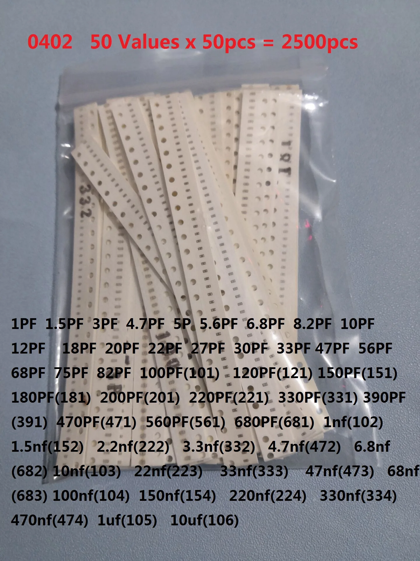 0402 SMD Capacitor 1pF to 10uF 50values*50pcs=2500pcs Ceramic Sample kit 8pf 10pf 101 103 104 334 . 470NF assorted | Электронные